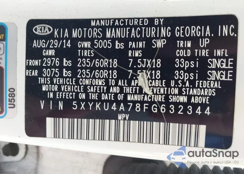 2015 Kia Sorento Ex V6 from USA, damaged, VIN 5XYKU4A78FG632344